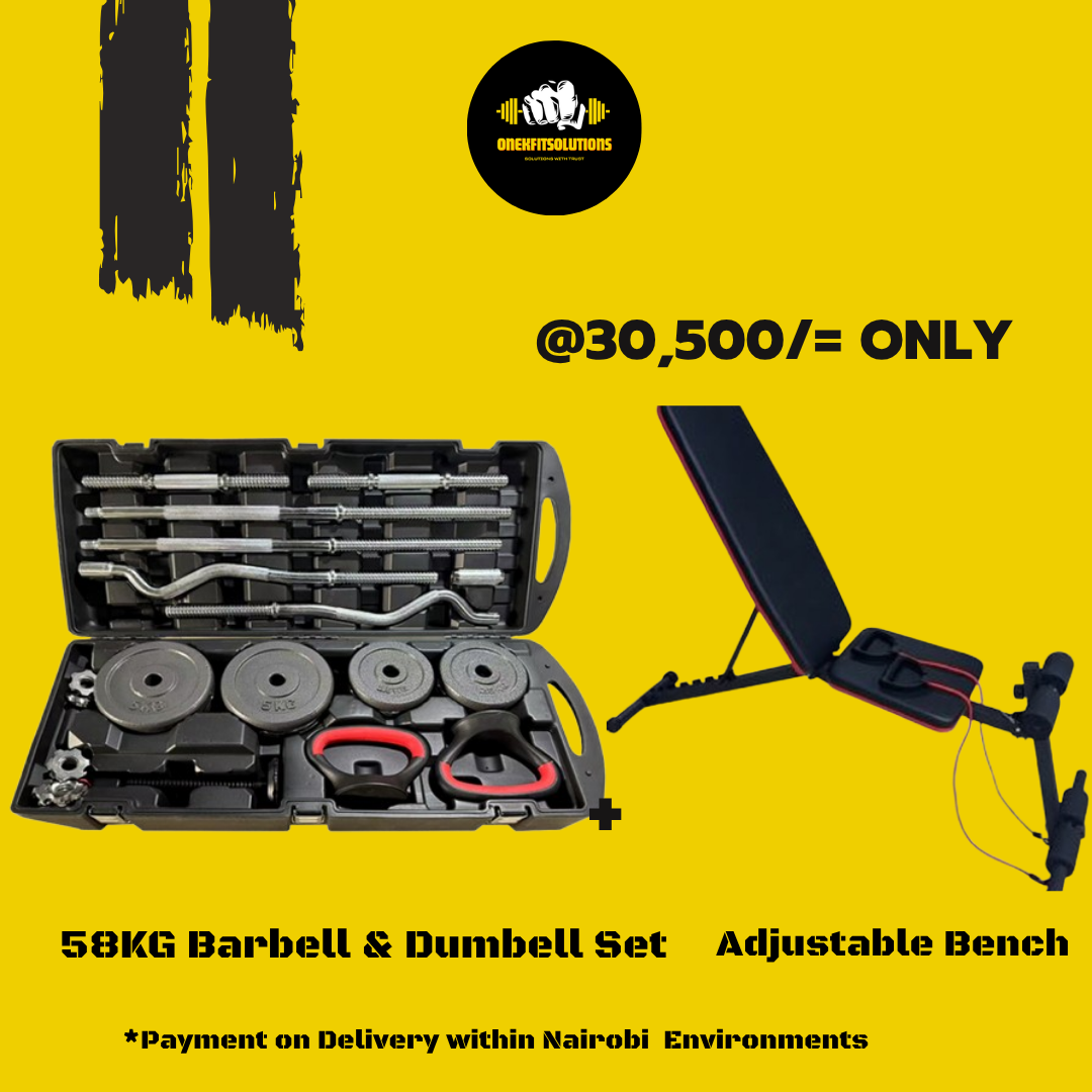 58KG Barbell & Dumbbell Set + Adjustable Weight Bench