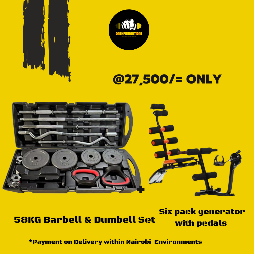 58KG Barbell & Dumbbell Set + Six Pack with Pedals