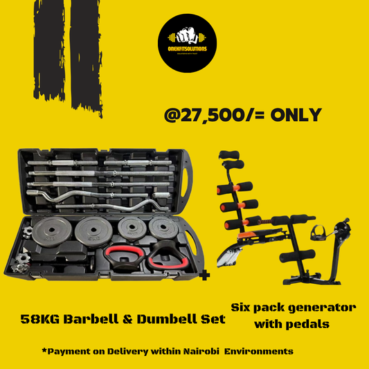 58KG Barbell & Dumbbell Set + Six Pack with Pedals