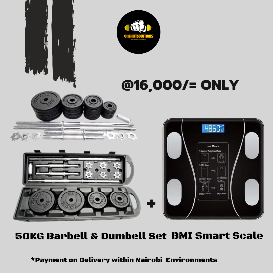 50KG Barbell & Dumbbell Set + BMI Smart Digital Personal Weight Scale