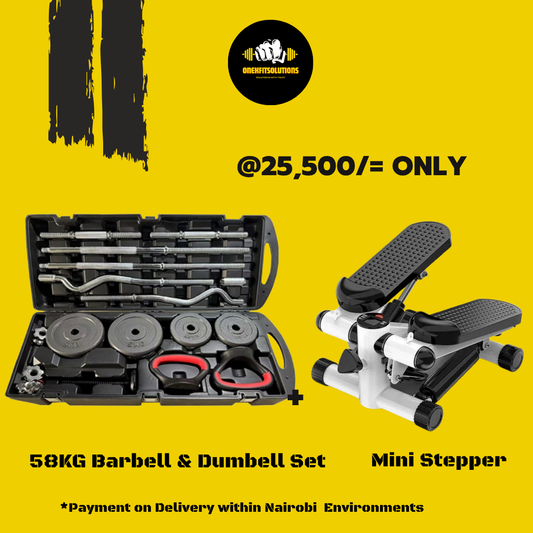 58KG Barbell & Dumbbell Set + Mini Stepper with Resistance Bands