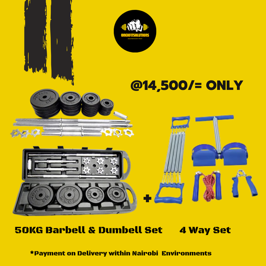 50KG Barbell; Dumbbell Set + 4-Way Home Workout Kit