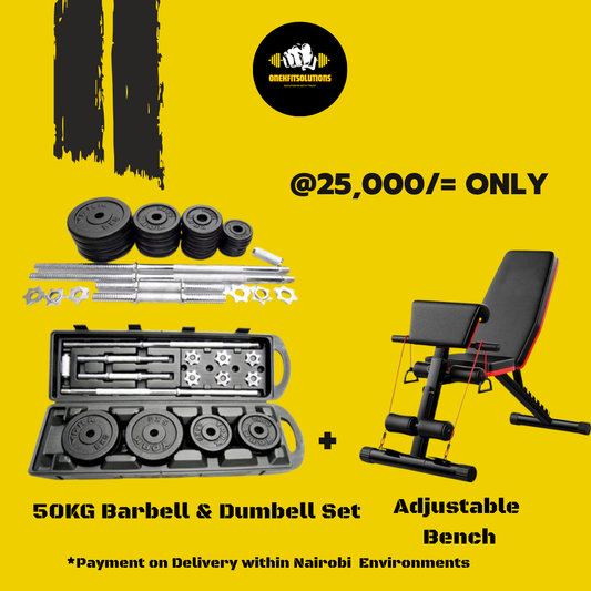 50KG Barbell & Dumbbell Set + Adjustable Weight Bench – Full Body Home Gym Workout