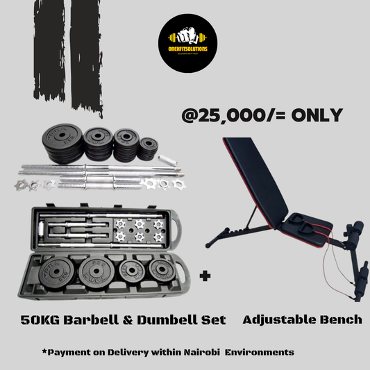 50KG Barbell & Dumbbell Set + Adjustable Weight Bench – Full Body Home Gym Workout