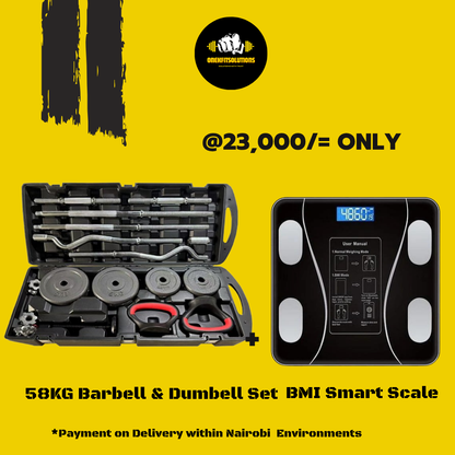 58KG Barbell & Dumbbell Set + BMI Smart Digital Weight Scale