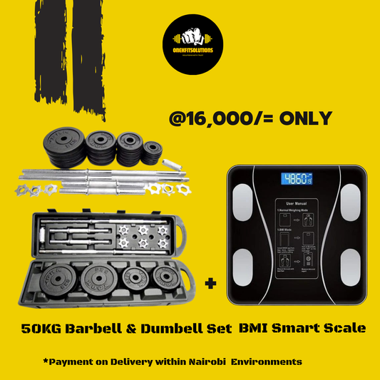 50KG Barbell & Dumbbell Set + BMI Smart Digital Personal Weight Scale